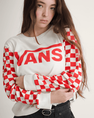 Checkerboard Long Sleeve Shirt in Marshmallow White / Red | Vans discount