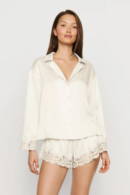 Eberjey Washable Silk with Lace Embroidery Long Sleeve Top & Short PJ Set
