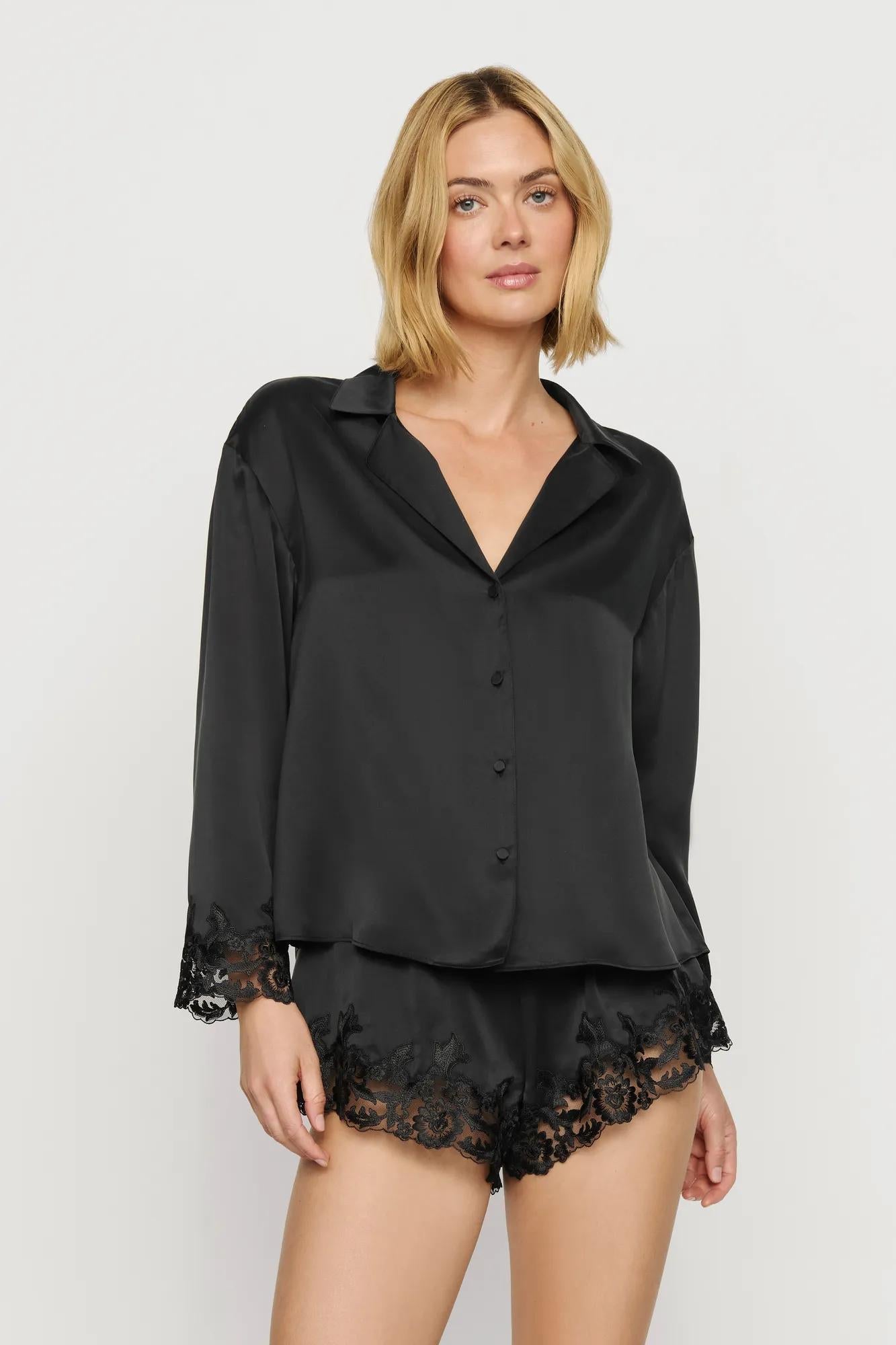Eberjey Washable Silk with Lace Embroidery Long Sleeve Top & Short PJ Set
