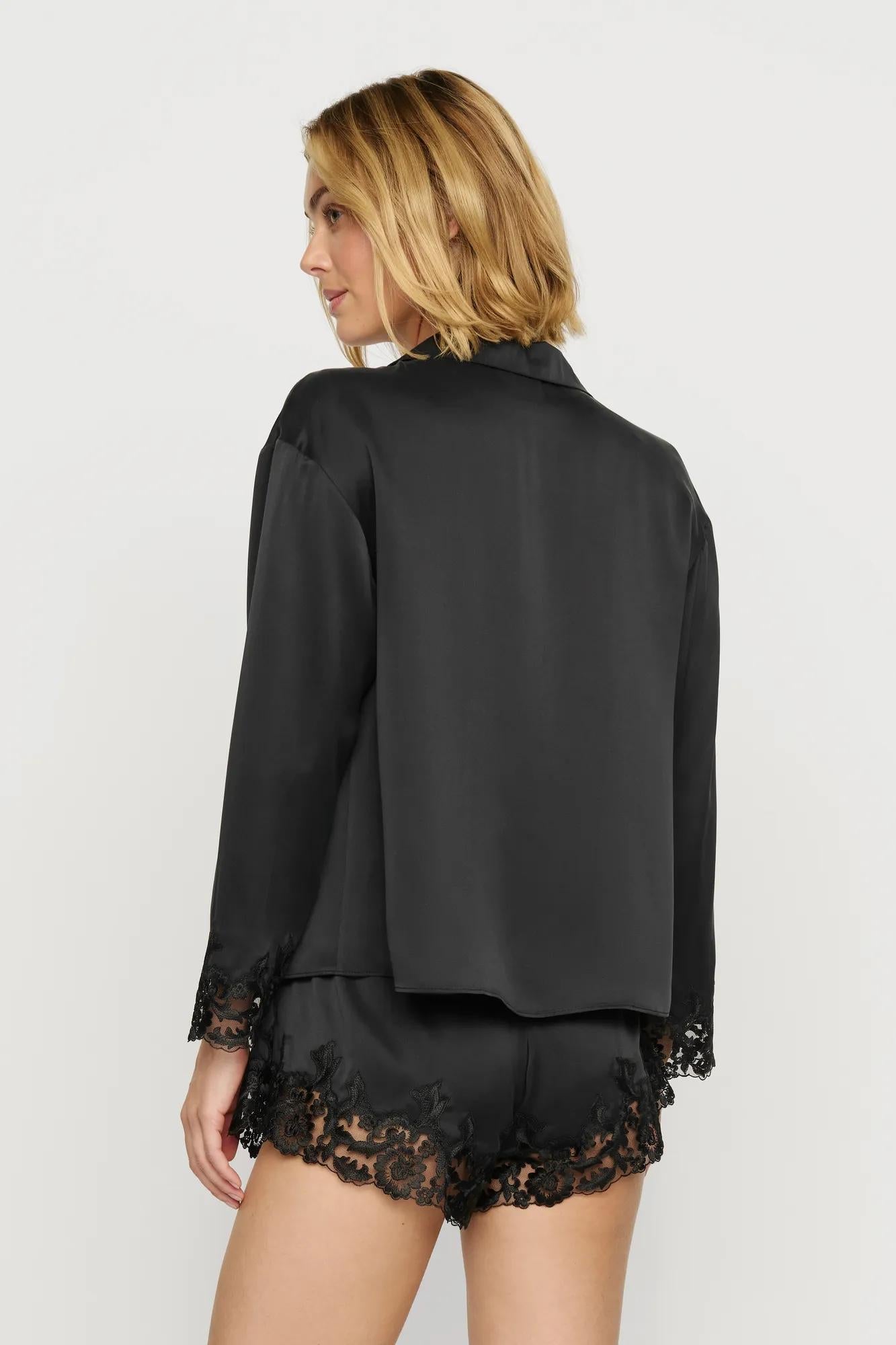 Eberjey Washable Silk with Lace Embroidery Long Sleeve Top & Short PJ Set